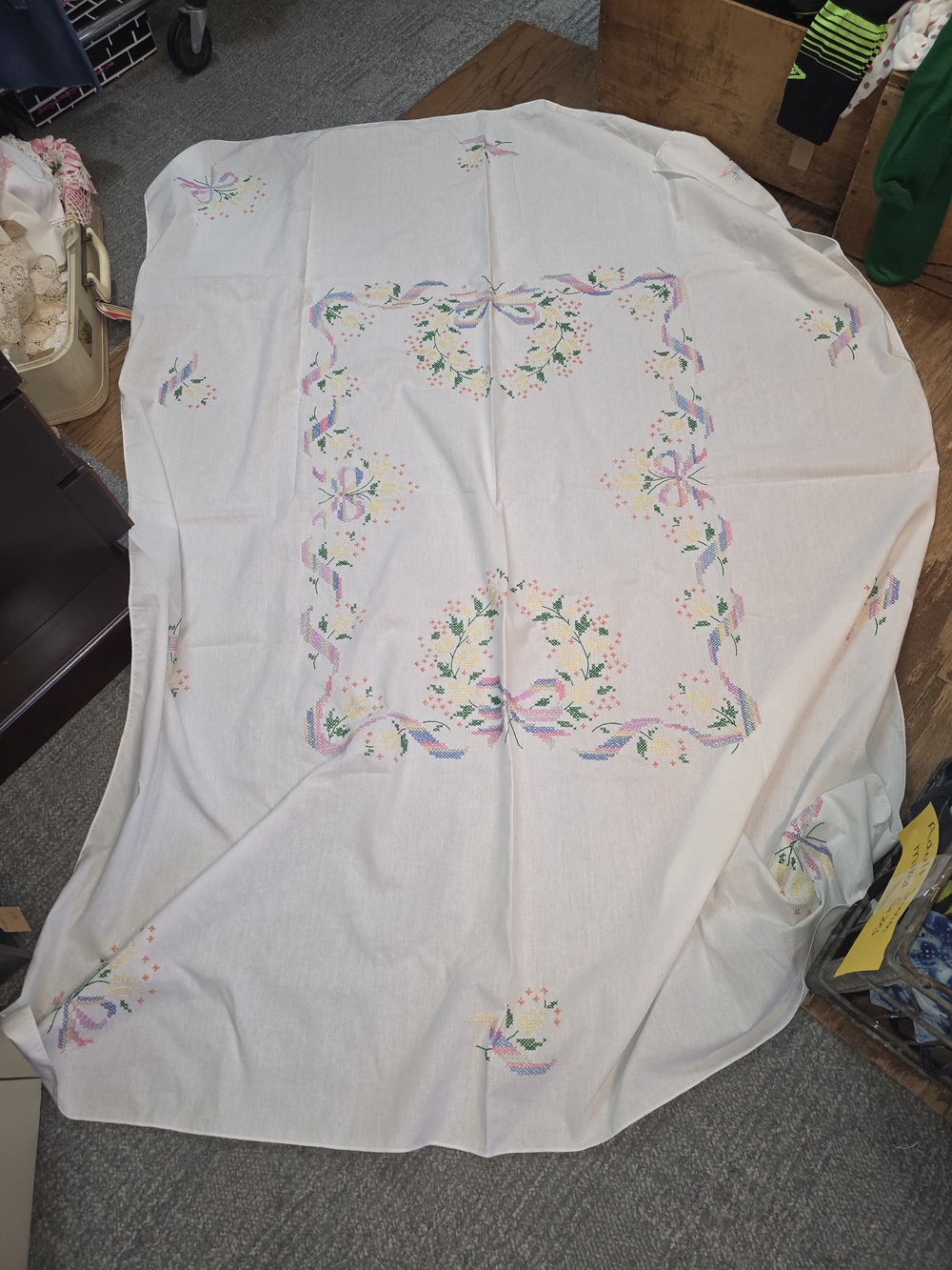Vintage Embroidered White Tablecloth with Pastel Floral Ribbons